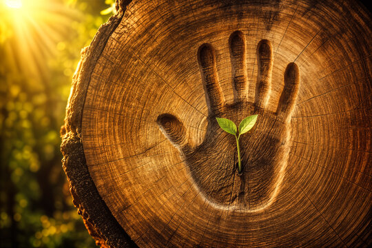 Human handprint impressed into ancient tree trunk cross section with concentric rings and green sprout emerging from palm symbolizing organic legacy authenticity origin heritage identity certification