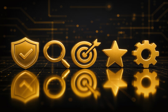 Golden technology icons representing protection search target star gear on reflective surface cybersecurity search optimization goal achievement settings concept modern tech background