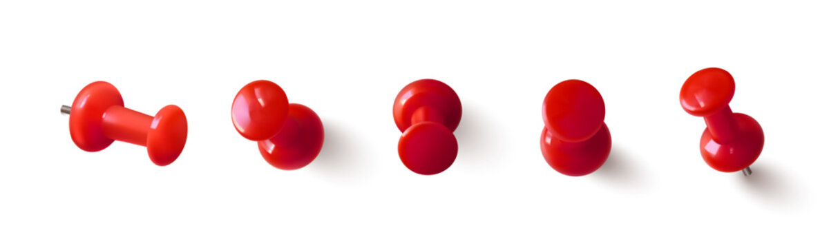 Red thumbtack pin icons with shadow, 3d realistic vector set isolated on white background. Pushpin design for office board, paper notes, and memo fixation, different view
