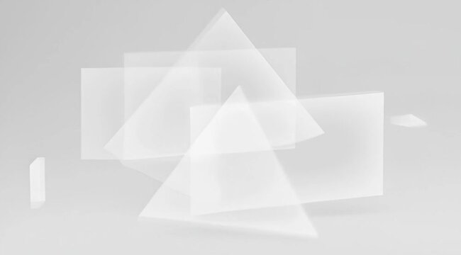 Floating translucent geometric shapes move in a minimal white space, representing abstraction, modern design, clarity, balance, digital structure, and aesthetic simplicity