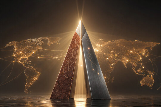 Converging red granite and brushed steel pillars with engraved trade routes and glowing world map representing multipolar diplomacy geopolitical shift in international relations global power