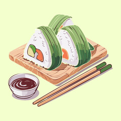 fresh green cucumber maki sushi rolls served with chopsticks set delicious traditional asian cuisine gourmet fresh tasty culinary authentic restaurant menu - Vector Illustration © powdesign