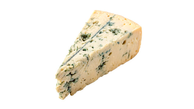 A wedge slice of gourmet blue mold roquefort cheese isolated on transparent background