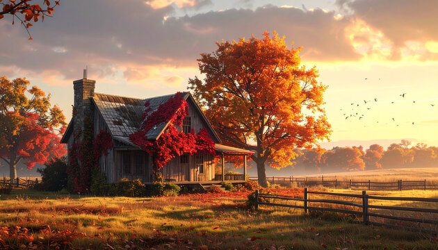 Autumn cottage landscape sunset