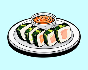fresh green cucumber maki sushi rolls with dipping sauce bowl delicious traditional asian cuisine gourmet fresh tasty culinary authentic restaurant menu - Vector Illustration © powdesign