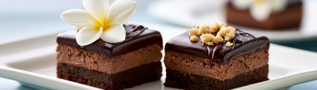 Two squares of rich chocolate mousse cake topped with white frangipani flower and crumbled cookie topping