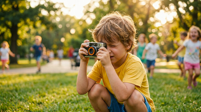A young boy in a yellow t-shirt crouches on the green grass to photograph his friends in the sunny park