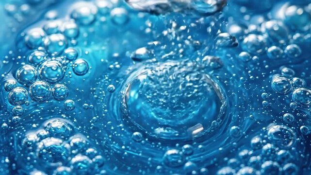 Abstract textured background with bubbles in blue face serum, skincare-inspired liquid surface with fresh cosmetic appeal for beauty, wellness and premium branding themes, glossy detail, luminous
