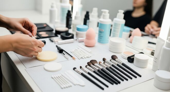 Professional beauty workstation with disposable applicators, sanitized brushes and gentle skincare products for sensitive complexion makeup.
