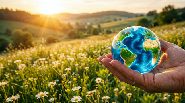 A glowing miniature Earth held gently in a human hand within a sunlit field of blooming white daisies