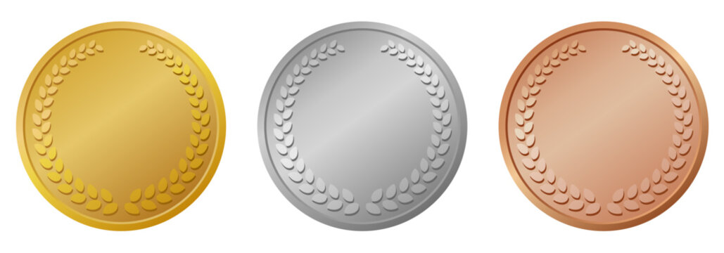 金銀銅メダルセット 月桂冠付きアワードバッジデザイン素材　Gold Silver Bronze Medal Set Laurel Award Badge Design Collection
