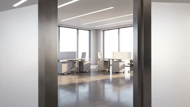 Modern office interior with glass partitions.