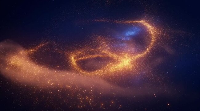 Golden particles swirl in a deep blue nebula, creating a cosmic vortex that represents space, infinity, energy, ethereal motion, creation, and celestial wonder