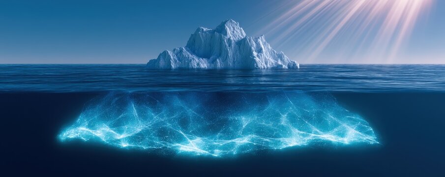 Giant iceberg floating in the deep blue ocean with  glowing underwater section below the water surface