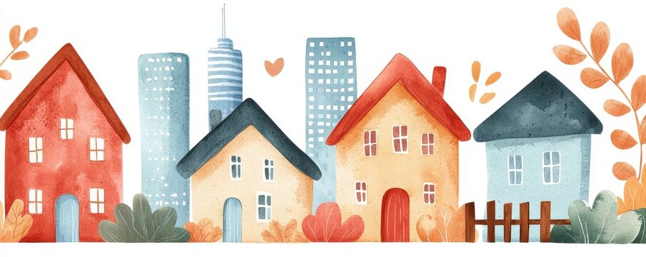 Watercolor illustration featuring colorful small houses and tall city buildings with autumn leaves