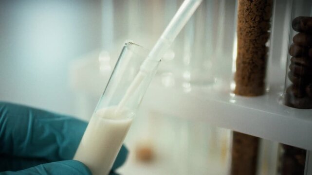 In a sterilization lab, a researcher draws a white liquid sample from a test tube with a precise pipette, while a lab assistant steadies the tube with gloved hands amid assorted laboratory equipment