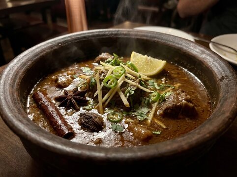 Rich slow-cooked nihari beef stew served in a traditional dark clay pot garnished with fresh green onions, ginger julienne, lemon wedge, and a dusting of spices with rising steam in a warm restaurant.