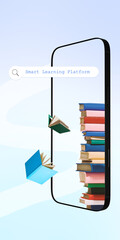 Smart learning platform search on smartphone with floating books. Concept of mobile education apps, online course discovery, digital library access, and study platform advertising.