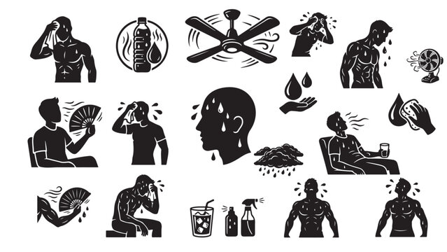 Heatwave and Humidity Symptoms and Cooling Solutions Icon Set