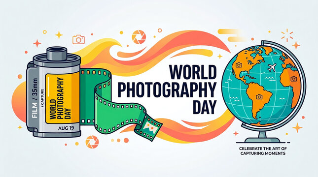 A creative illustration featuring a 35mm film roll and a spinning globe to mark World Photography Day