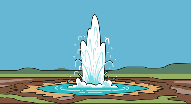 Cartoon geyser erupting with water against a blue sky background