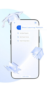 Mobile education interface with transparent academic icons and course search. Concept of course discovery, digital school services, clean learning design, and training platform promotion.
