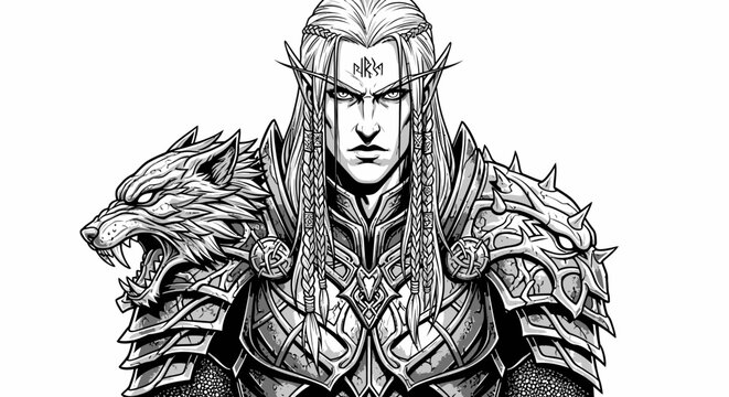 Fantasy warrior portrait illustration in grayscale armor with wolf pauldrons