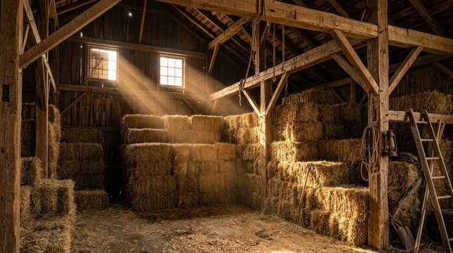 Sunlit wooden barn interior, beams illuminate hay bales, wooden ladder, creating rustic warmth