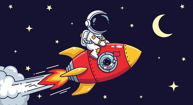 Astronaut in spacesuit riding a red rocket in outer space with stars