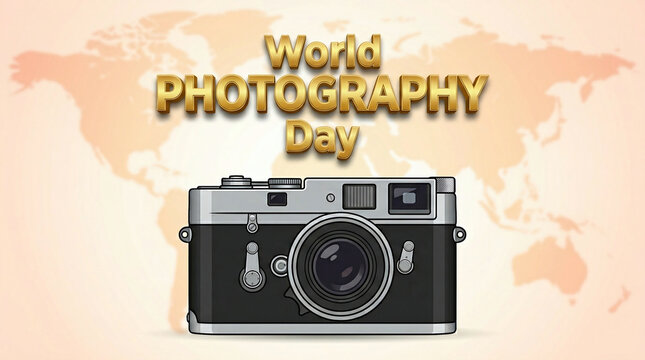 A vintage style 35mm film camera illustration centered over a faded global world map background