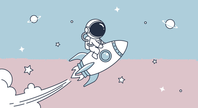 Astronaut in spacesuit riding rocket through cosmos with stars and planets