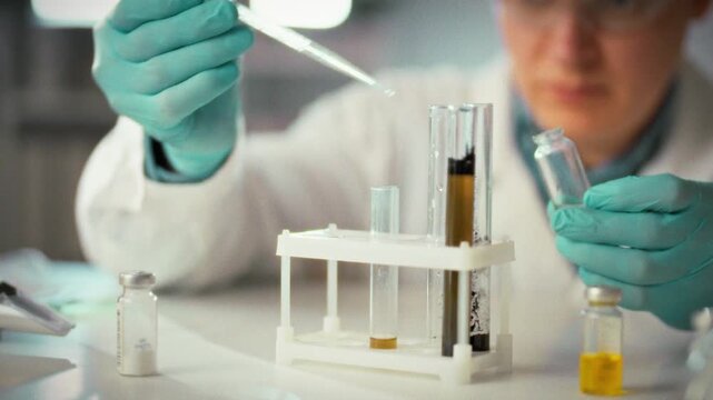 In a high-tech laboratory, a researcher in protective clothing carefully examines a range of substances and liquids, conducting precise analysis as part of a scientific investigation
