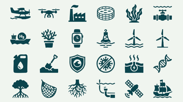 Diverse Icons for Environment, Industry, Technology, and Marine Life