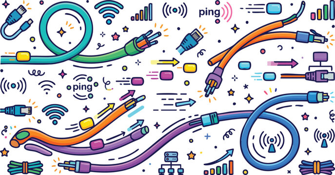 Internet Network Cables and Connectivity Doodle Vector Illustration