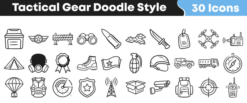 Set of thirty hand drawn tactical gear icons for military projects