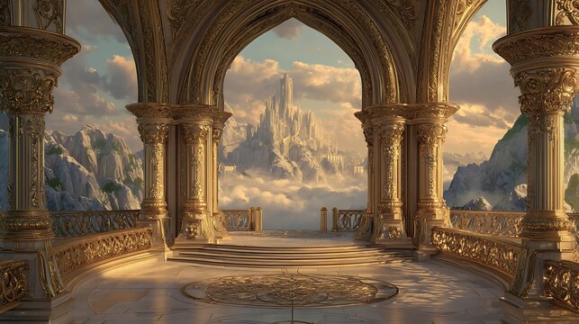 Stunning Fantasy Palace Balcony Overlooking Magical Floating City in the Clouds.