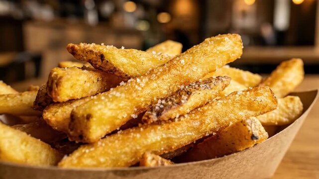 Crispy French fries with salt texture, macro close-up of golden fast food snack with crunchy surface and savory appeal for restaurant menus, takeaway branding and food advertising themes, warm light,
