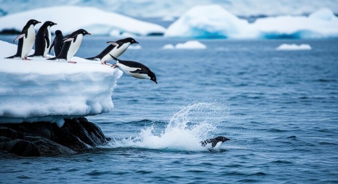Penguins jumping from ice into icy waters with one swimming below