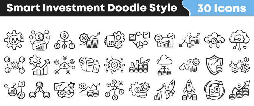 Set of hand drawn doodle icons representing smart investment growth concepts
