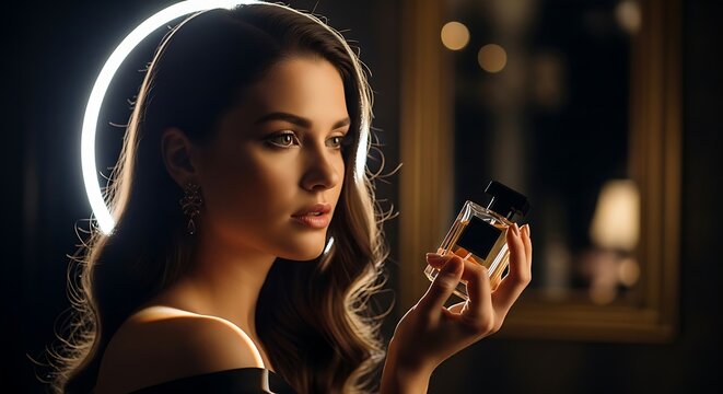 Woman holding perfume bottle in elegant setting with ring light