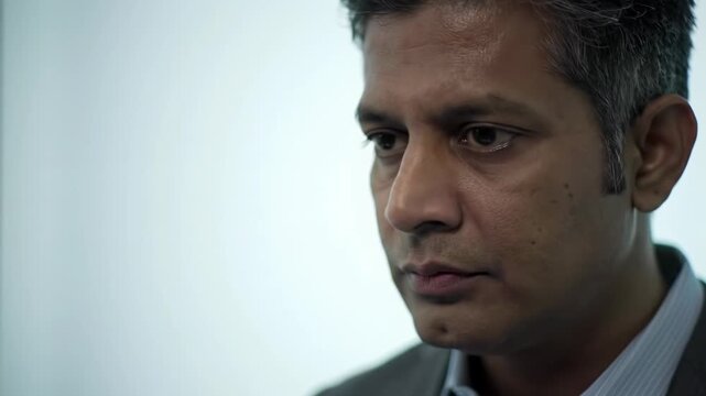 A diverse, gender-neutral person in modern business-casual intently focuses on a glowing digital data screen in a minimalist workspace. Push-in camera video. Human intellect and advanced analytics