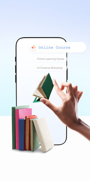 Online course browsing on phone with hand and colorful books. Concept of mobile education search, learning platform promotion, digital training services, and course enrollment advertising.