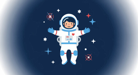 Fototapeta premium Astronaut in spacesuit with open arms and stars in outer space illustration