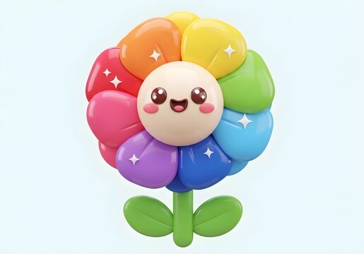 Cute 3D flower cartoon icon with sparkling rainbow colored petals, has a round smiling face with rosy cheeks and sparkling eyes, on a soft light blue background.