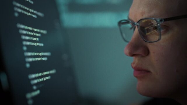 Programmer wearing glasses sits before large monitor at night, rapidly typing code that leverages artificial intelligence, screen's glow highlighting focused eyes as they speed up work in tech space