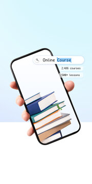 Stacked books inside mobile screen with online course search. Concept of education app promotion, digital learning services, school platform marketing, and study course discovery.