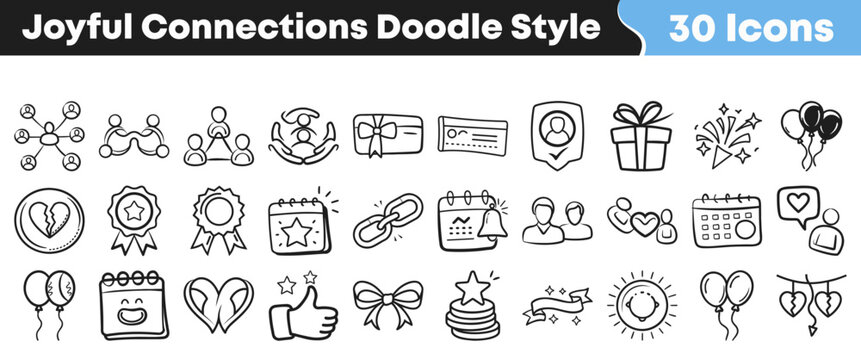 Hand drawn doodle style icons for joyful social connection concepts