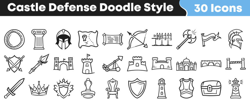 Hand drawn collection of various castle defense themed doodle icons
