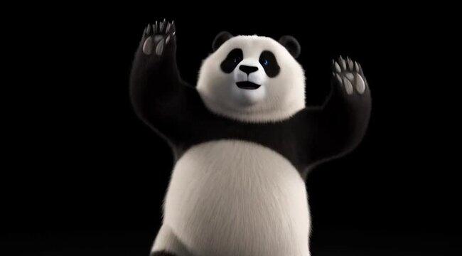 Animated panda waving and dancing against a black background, representing character design, playful movement, digital art, mascot branding, and motion graphics