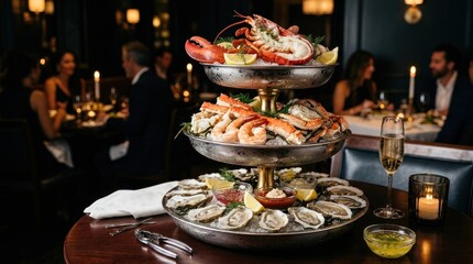 Fototapeta premium Elegant seafood platter stacked with lobster, oysters, and crab in a dimly lit restaurant setting